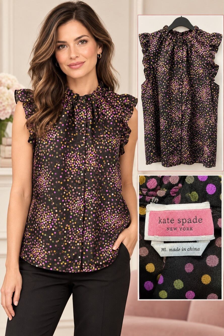 Kate Spade New York Sleeveless Ruffle Tie Neck Polka Dot Blouse Black M